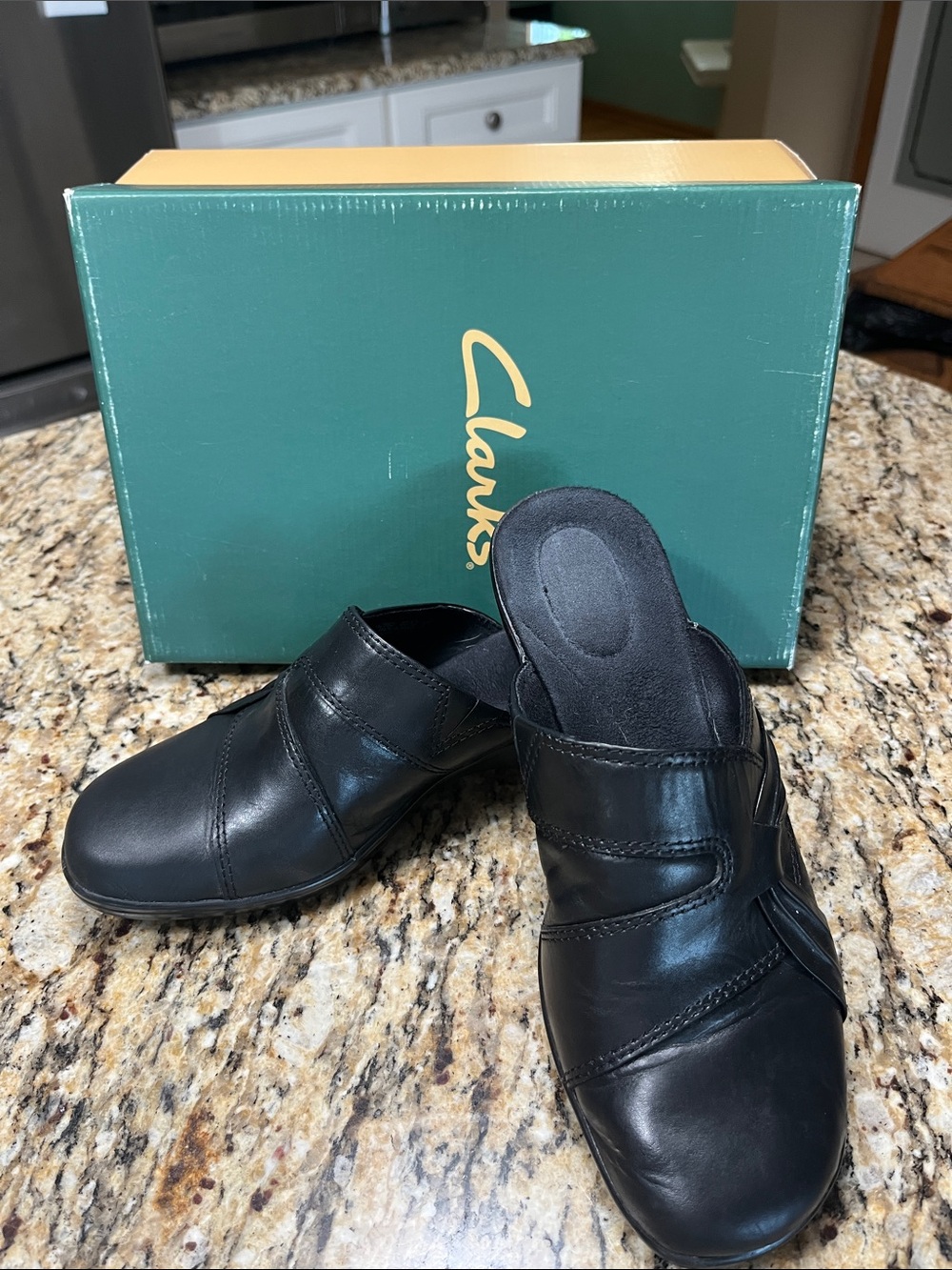 Clarks Black Leather Slip-On Mules